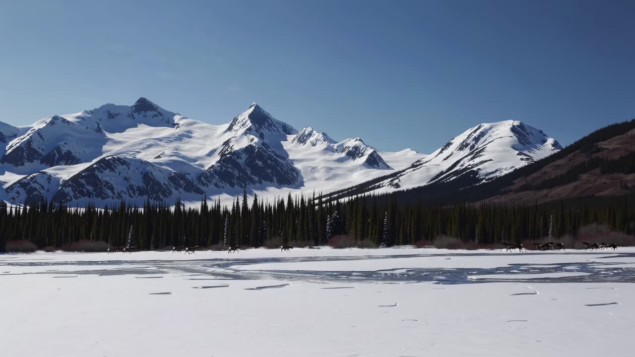 A wide-angle shot captures snow-capped mountains under a clear blue sky, reflecting a serene winter