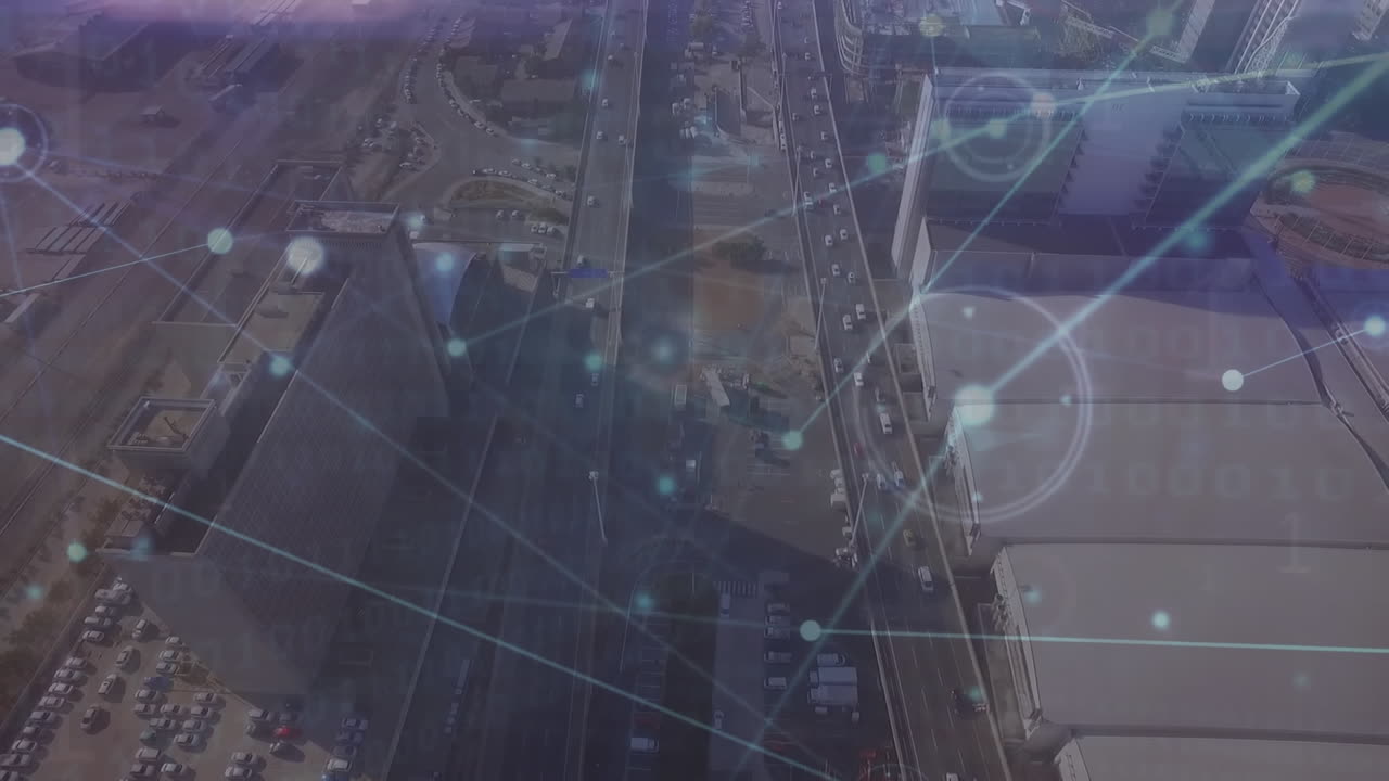 Animazione di una rete di connessioni su una vista aerea del paesaggio urbano