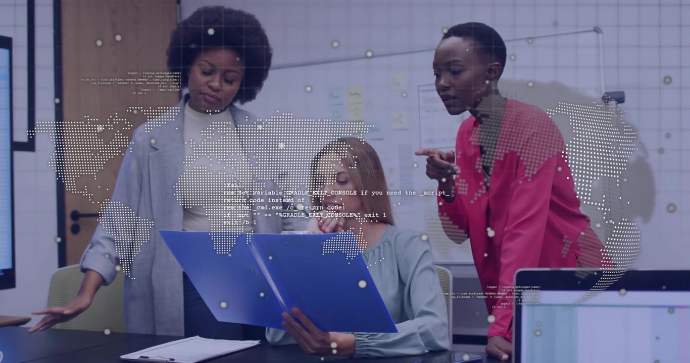 Businesswoman opening binder sparking map overlay floating over desk and colleague analyzing chart