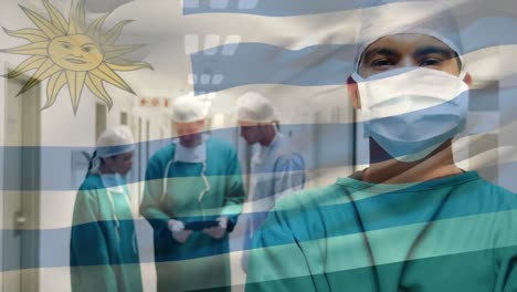 animation of flag of uruguay waving over surgeons in operating theatre