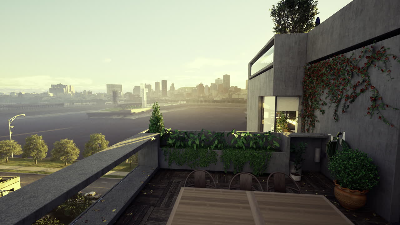 City skyline viewed from a modern terrace with greenery during sunset