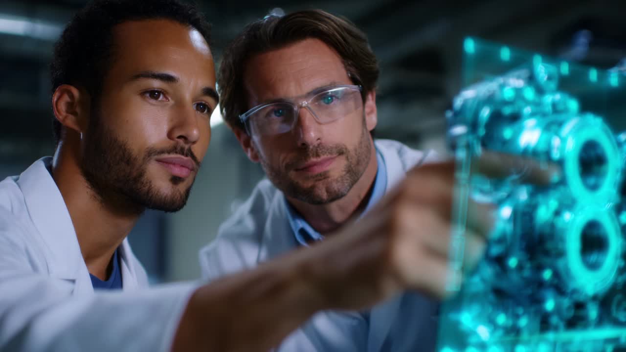 Scientists Analyzing Holographic Technology: Two Researchers Focus on Advanced 3D Simulation of Mechanical Components While Engaged in a Detailed Discussion About Innovative Engineering Solutions
