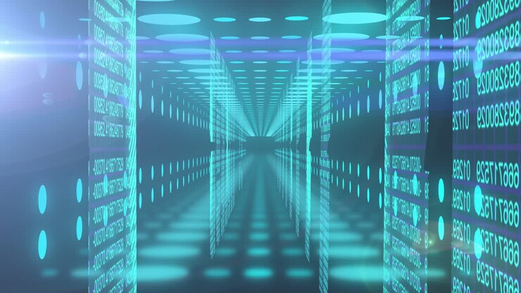 Animation of binary coding and data processing over neon tunnel