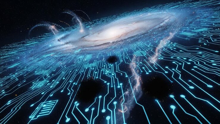 A Fascinating Fusion of Cosmic Wonders and Digital Networks: An Awe-Inspiring Visualization of a Spiral Galaxy Merging with a High-Tech Circuitry Landscape
