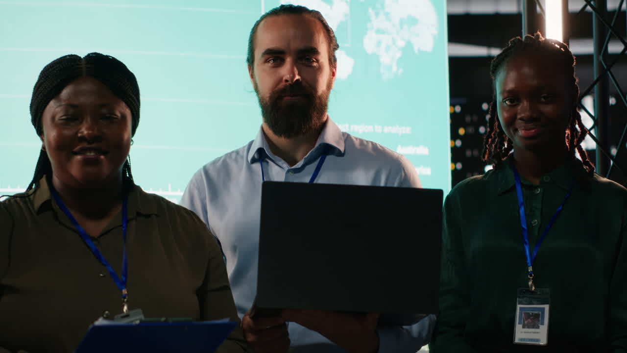 Portrait of employees team preparing a pitch for investors group meeting