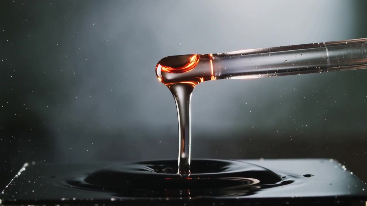 Tilting glass pipette releasing amber viscous droplet into dark dish in studio, forming ripples