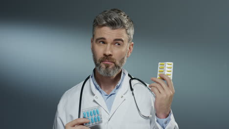 man doctor holding different pills in hands, ones yellow and ones blue, while comparing them and choosing better