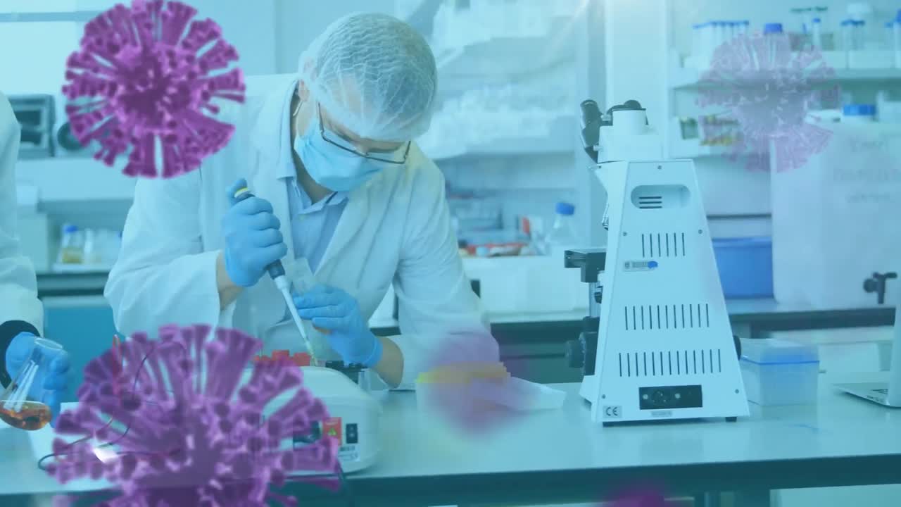 Animation of macro Covid-19 cells floating over scientists using pipettes