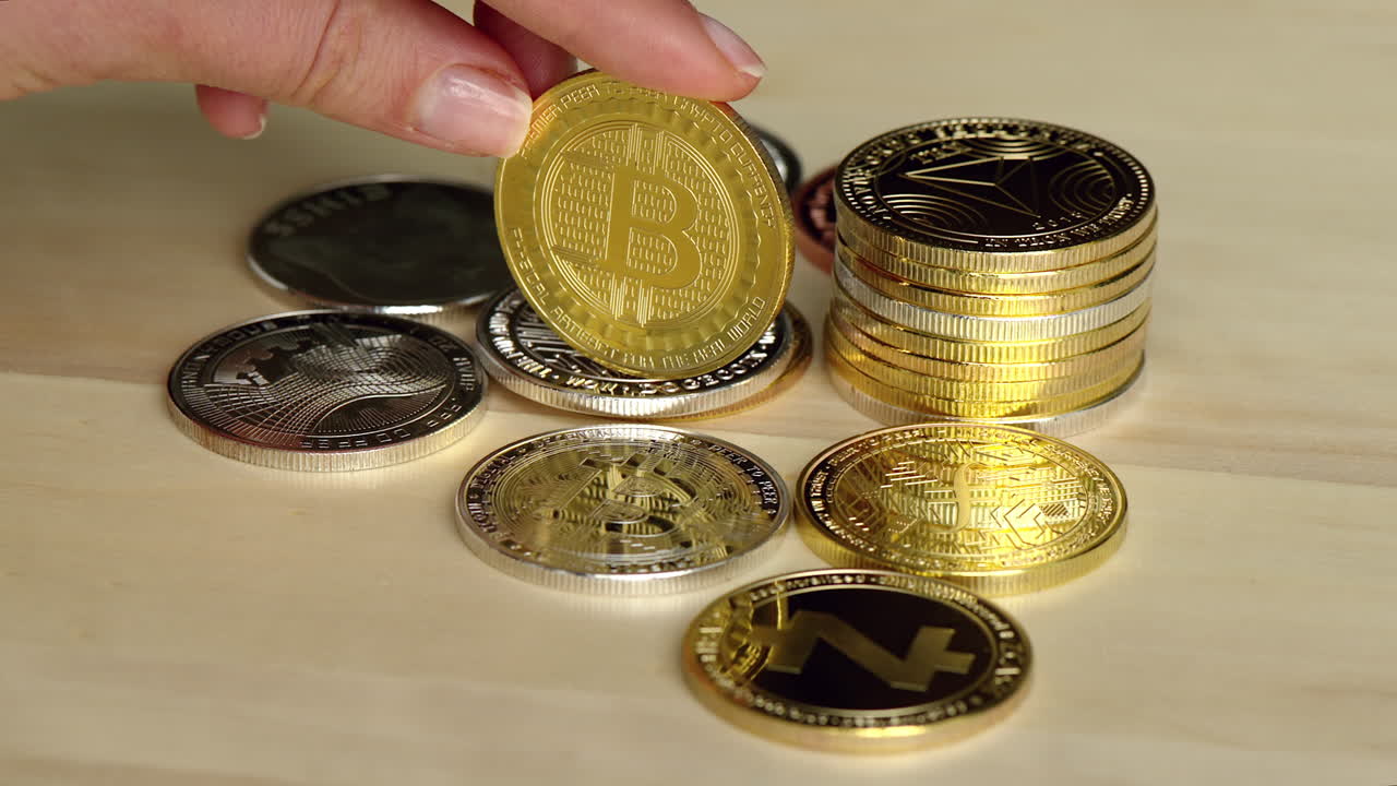 Woman playing with crypto coins with golden bitcoin, close up