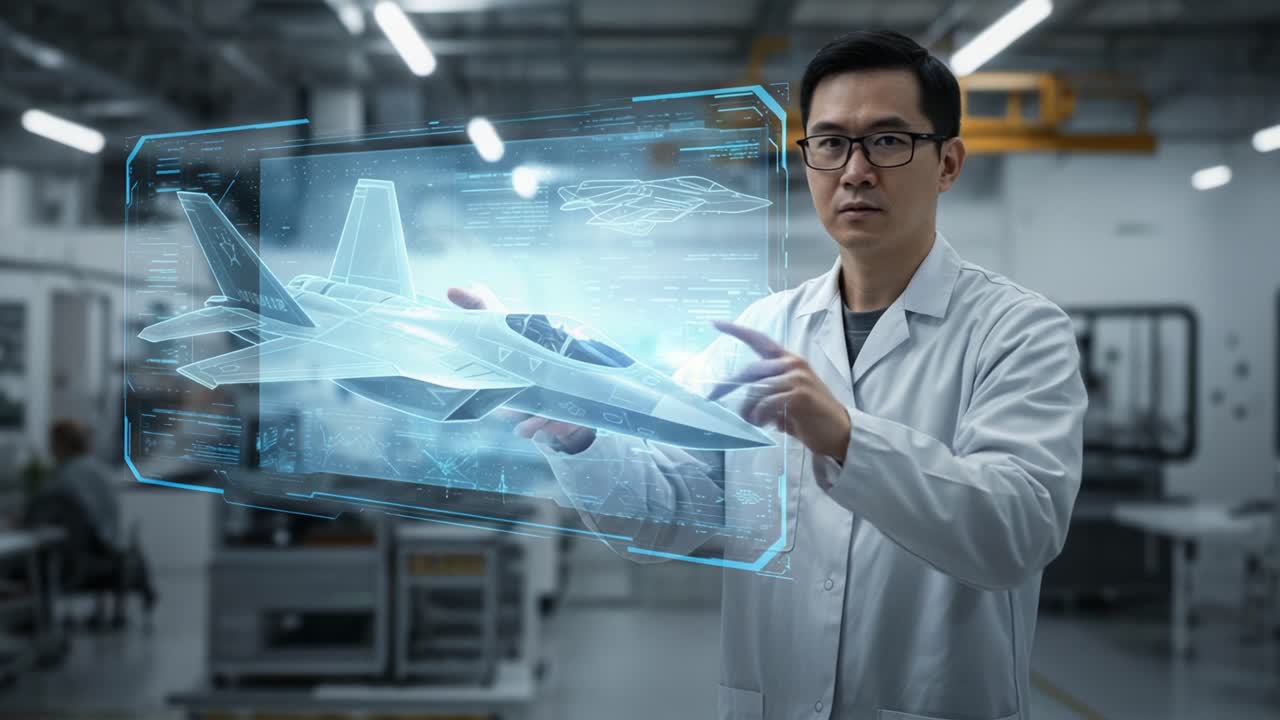 A Scientist Interacting with a Holographic Representation of a Fighter Jet in a Modern Laboratory Setting, Showcasing Advances in Aerospace Engineering and Technology