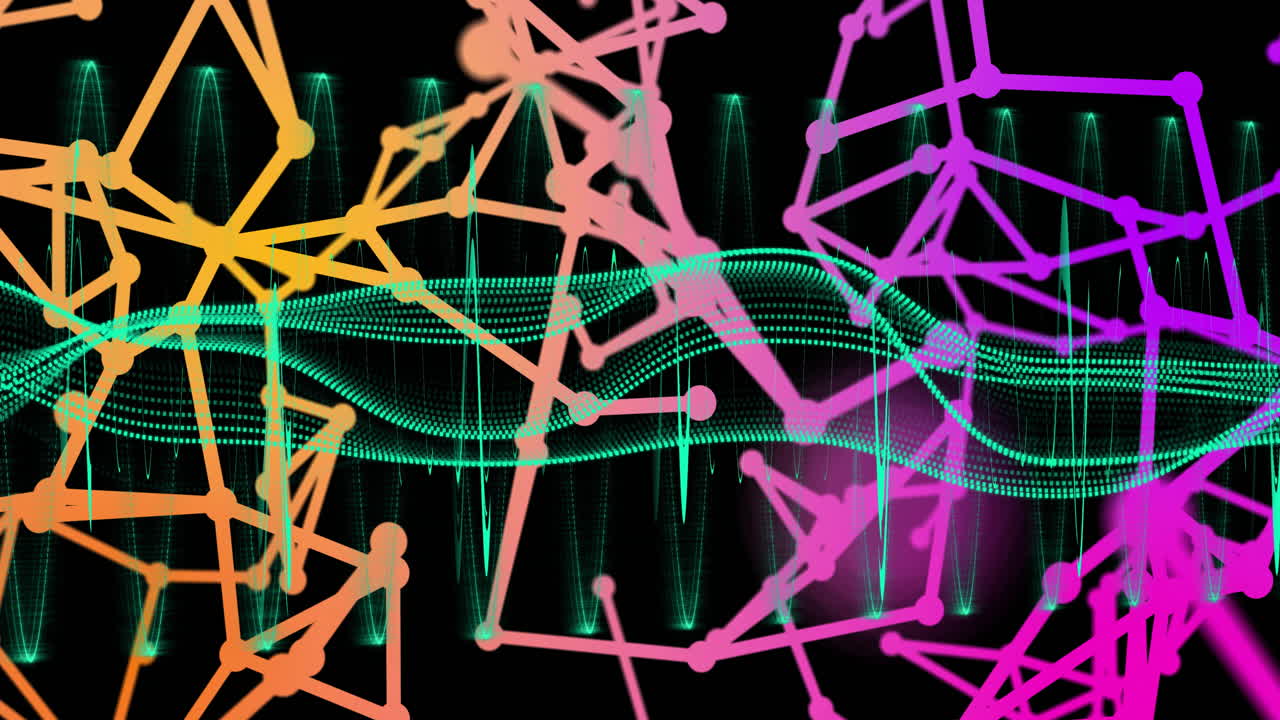 Colorful geometric shapes and lines animation over sound waves and equalizer