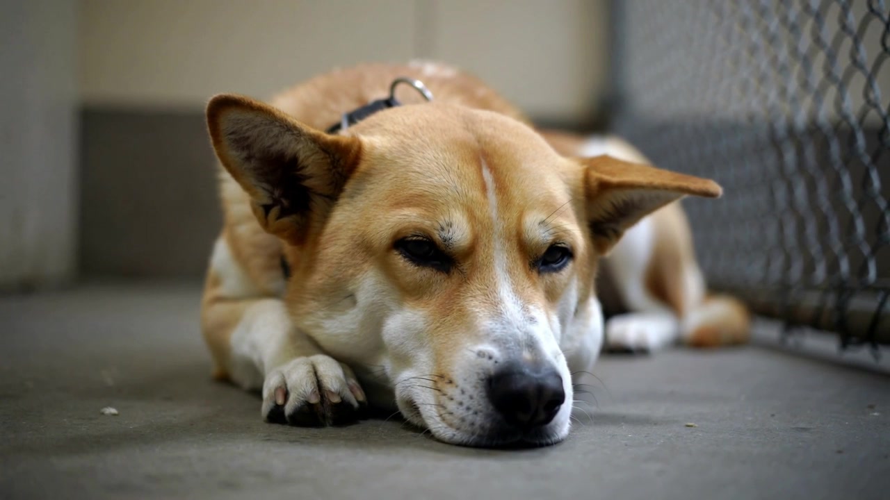 Cão marrom e branco acalmando-se de uma postura de alerta, fechando os olhos no corredor do canil, com coleira com argola em D.