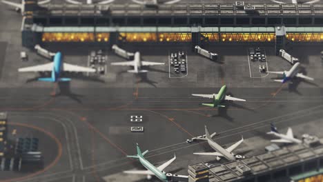 aerial view of a 3d commercial airport render with planes, passenger terminals, runway and service machinery. top down view of modern aircraft parking in international airport. tilt shift vfx shot.