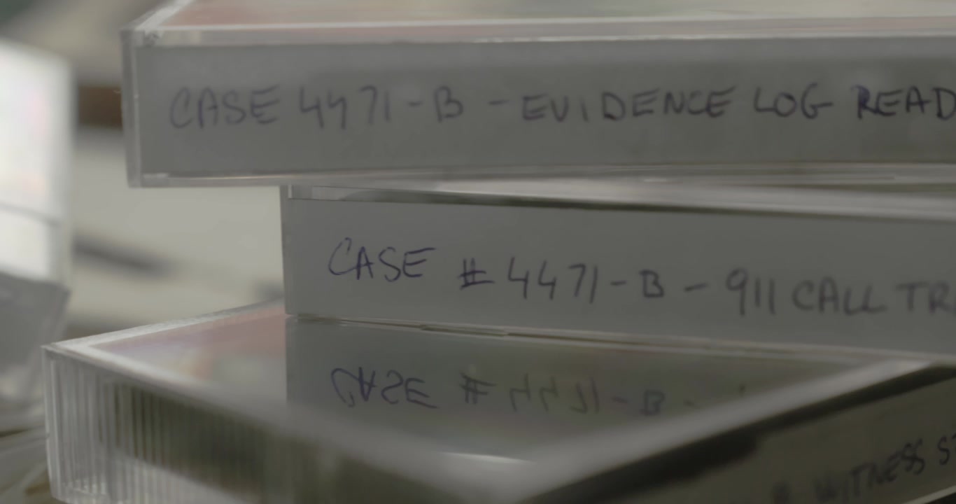 Close-up slide shot reveals cassette tapes displayed on a detective board as archived evidence for a retro cold case investigation.