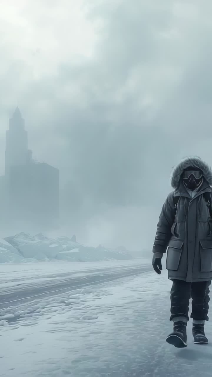 Vertical video: Emerging parka-clad traveler testing boot traction on ice for safe trek, copy space