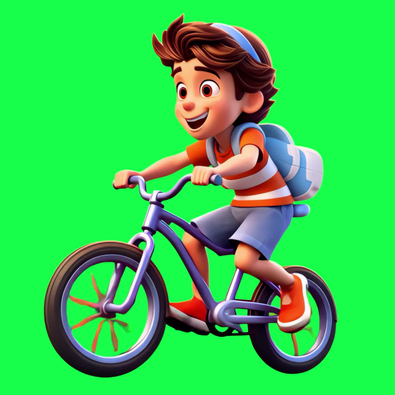 Animated boy riding bicycle animation, transparent 4K video, green screen