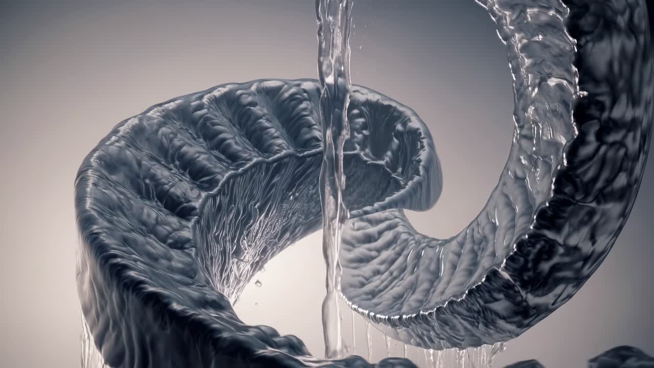 Curved abstract structure with translucent liquid creating a dynamic water flow effect