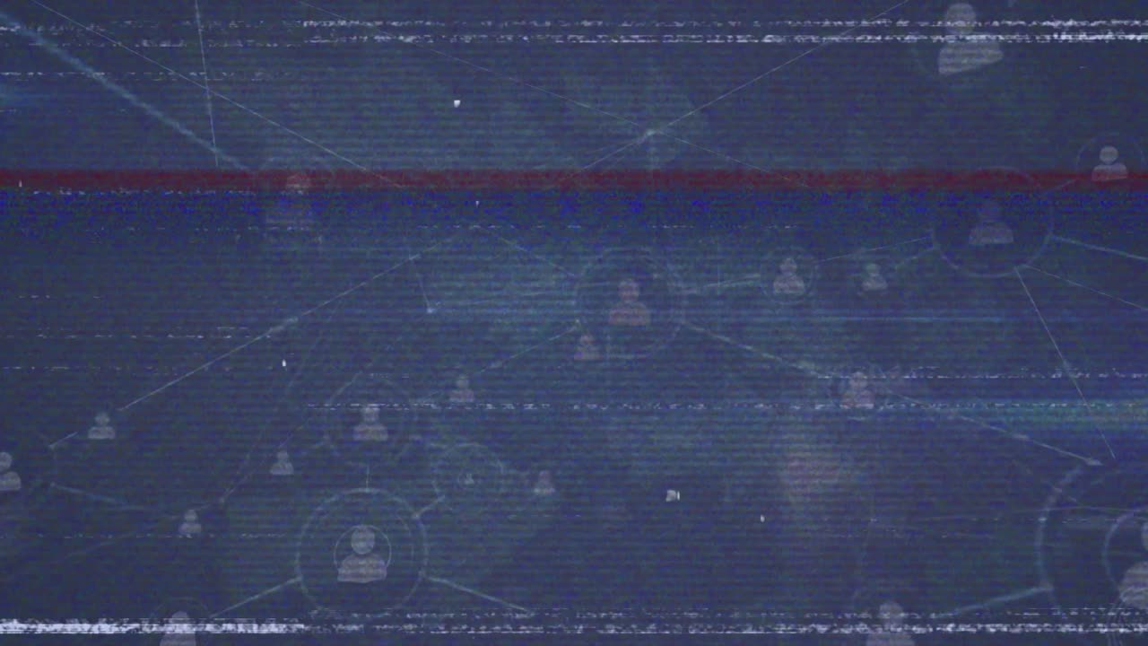 Animation of glitch effect over network of profile icons and arrow icons against blue background