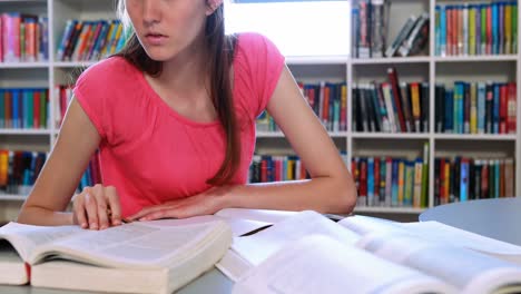 estudiante atenta haciendo la tarea en la biblioteca
