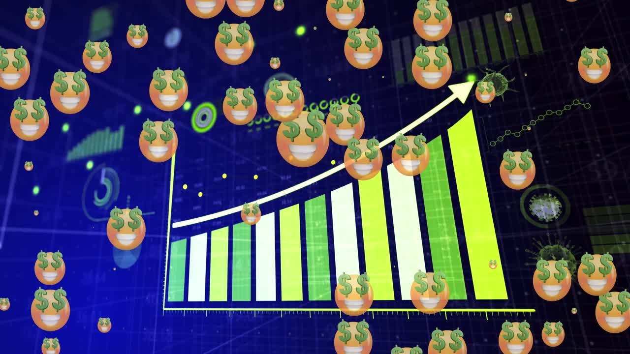animación de iconos emoji sobre el procesamiento de datos financieros sobre fondo azul