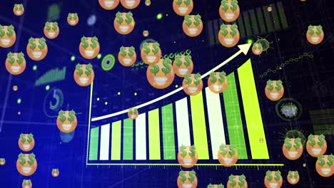 animation of emoji icons over financial data processing on blue background