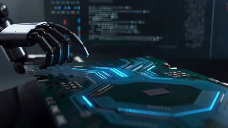robotic arm interacting with a glowing circuit board and code