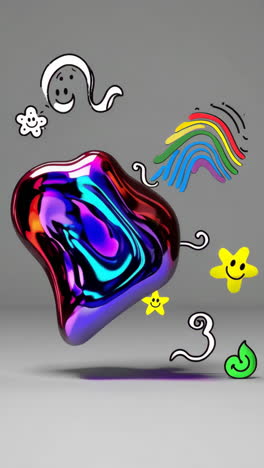 vibrant iridescent abstract shape with whimsical doodles