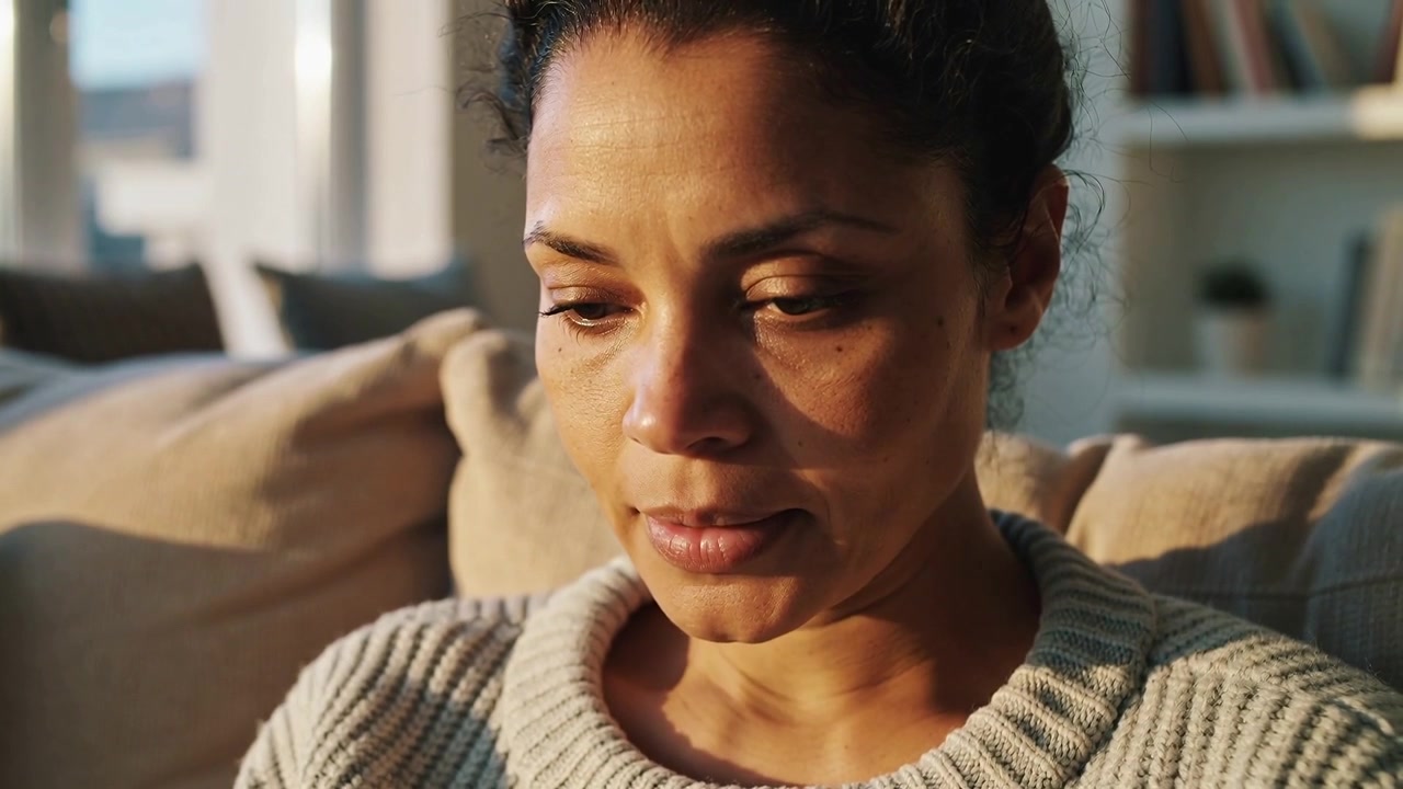 Remembering sad memory, woman wiping tears with folded tissue on couch, wearing knitted sweater