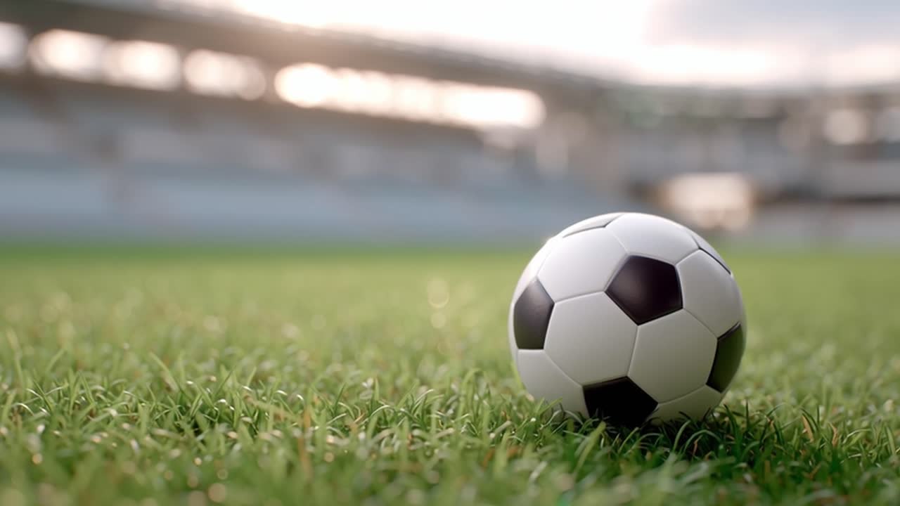 Fodbold på grønt græsfelt på tomt stadion