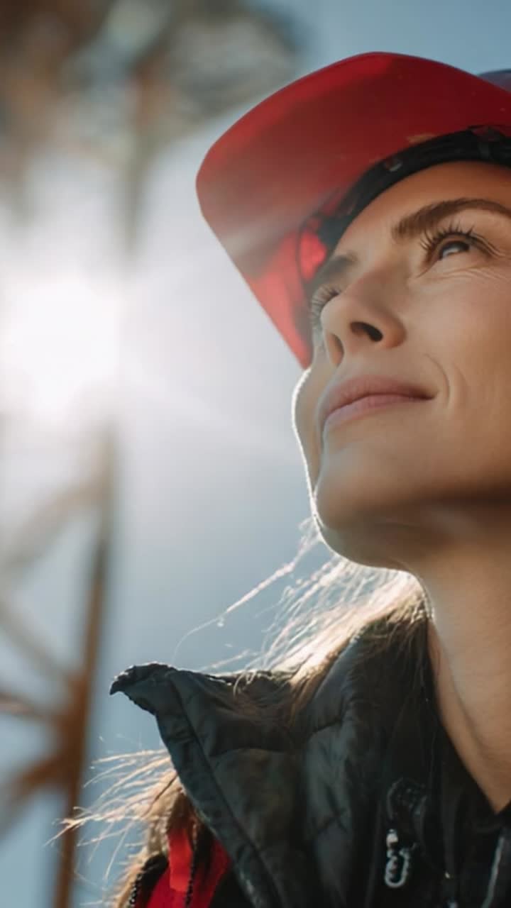 A woman gazes upward with determination, wearing a hard hat against a bright sunlit backdrop, showcasing her strength and perseverance in a challenging environment