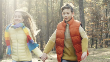 alegre niña caucásica y niño corriendo en el bosque y tomándose de la mano en un día soleado