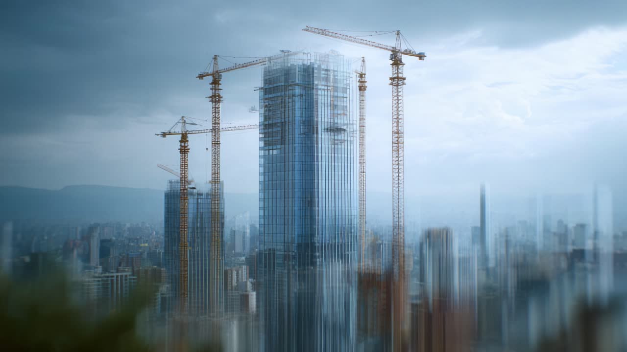 Avance en la construcción de un rascacielos moderno en un paisaje urbano bajo cielos nublados, con vistosas grúas que erigen estructuras de acero para el desarrollo urbano.