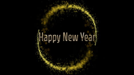 animation of happy new year text over glowing light trail on black background