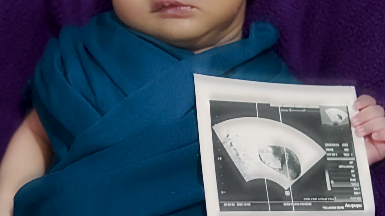 neonato che tiene in mano una copia ad ultrasuoni e dorme al palmo della madre in un involucro per bambini