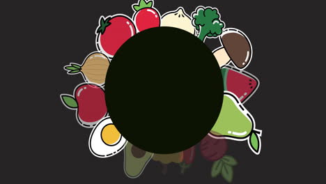 animación de varios iconos de verduras en fondo negro