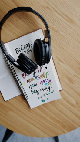 motivational quote with headphones on a notebook