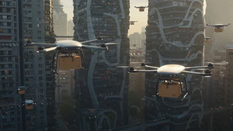 an aerial view showcasing futuristic delivery drones navigating through a modern urban landscape, transporting packages amidst innovative skyscrapers during daylight