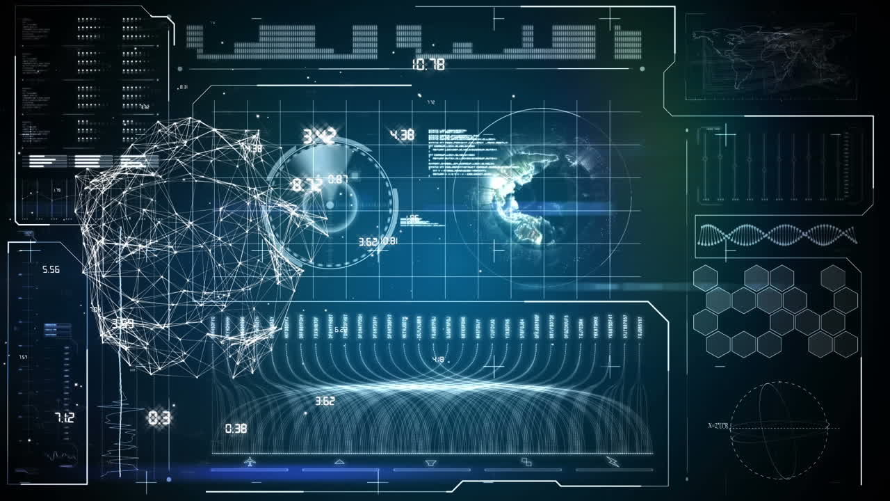 Animation of network of connections and medical data processing on black background