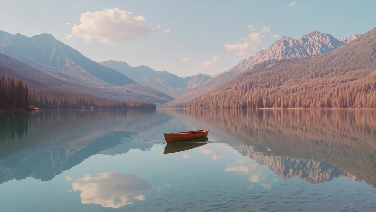 Drifting wooden rowboat across alpine lake, slack rope causing movement, with chain trailing
