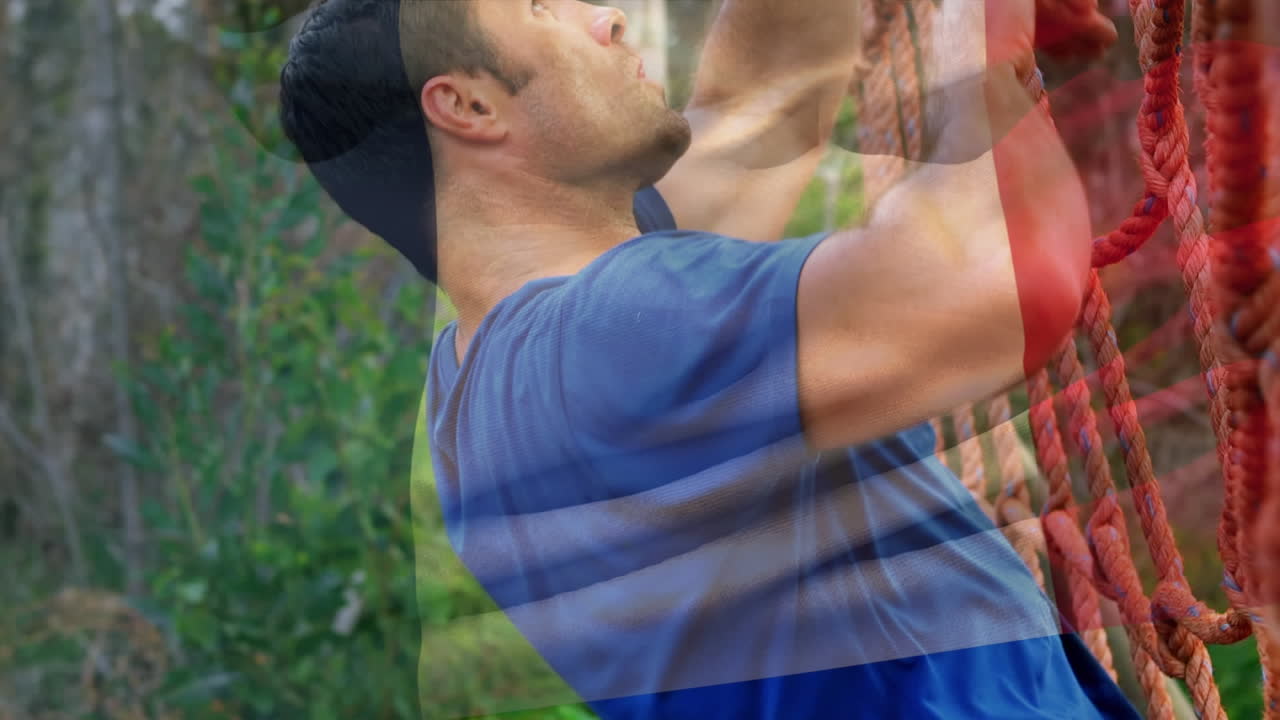 animación de la bandera de francia sobre un hombre musculoso y fuerte haciendo abdominales