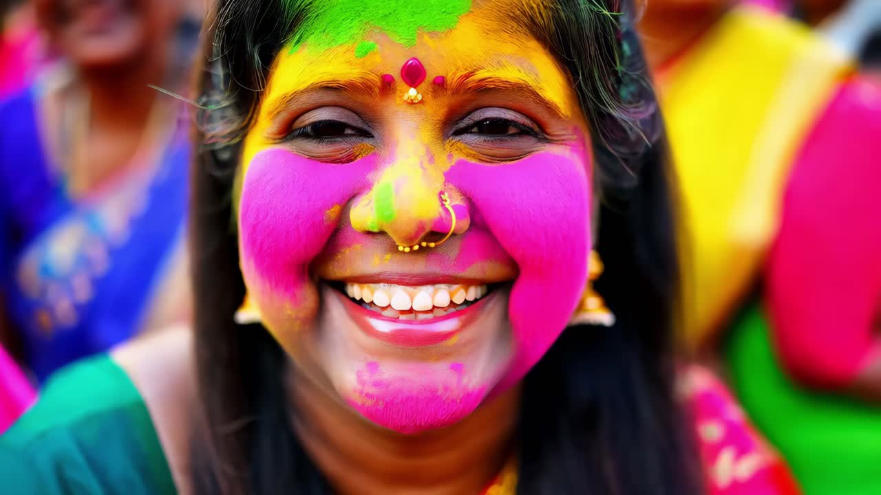 Donna che celebra Holi con il viso dipinto di colori