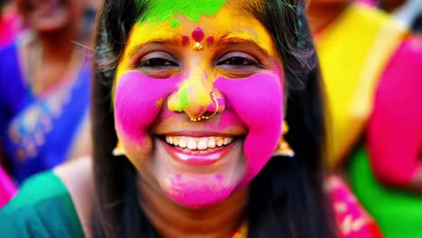 mujer celebrando holi con pintura de cara colorida