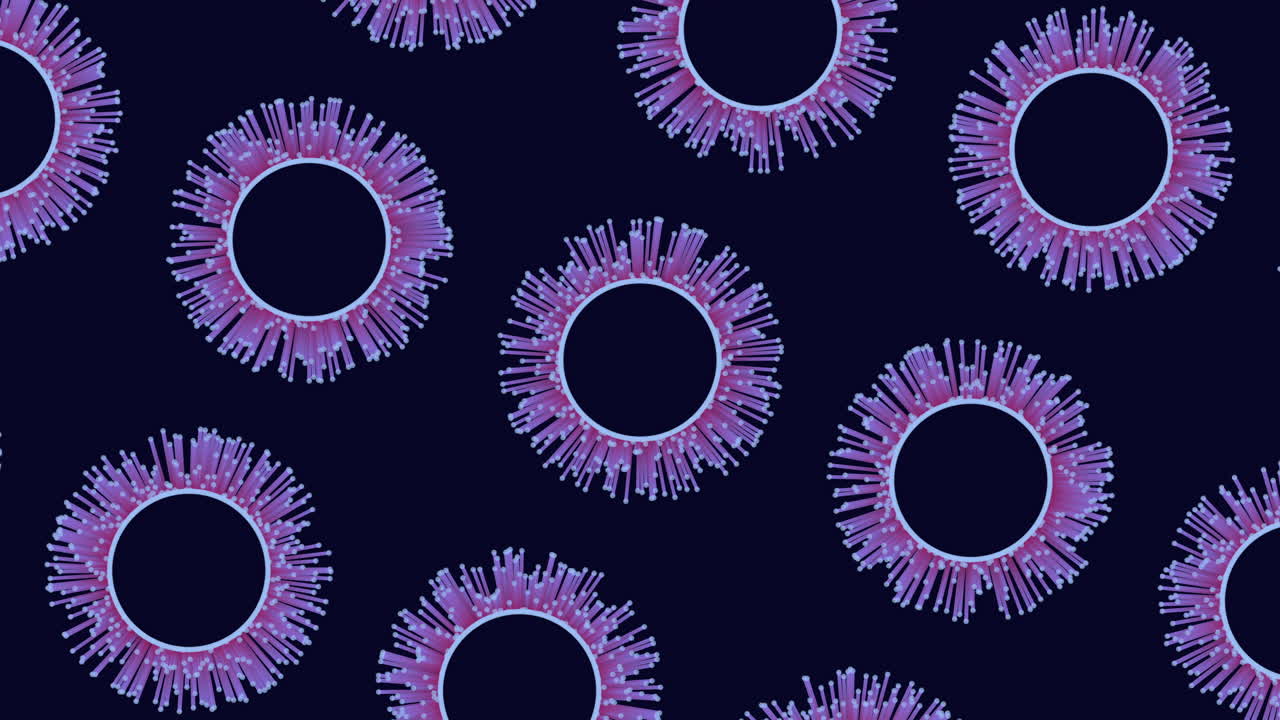 Medical science footage of stylized virus or microbe particles drifting on a dark blue background, ideal for healthcare, infection, pandemic, and research concepts