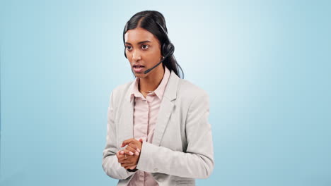 Call-center,-stress-and-frustrated-woman-in-studio