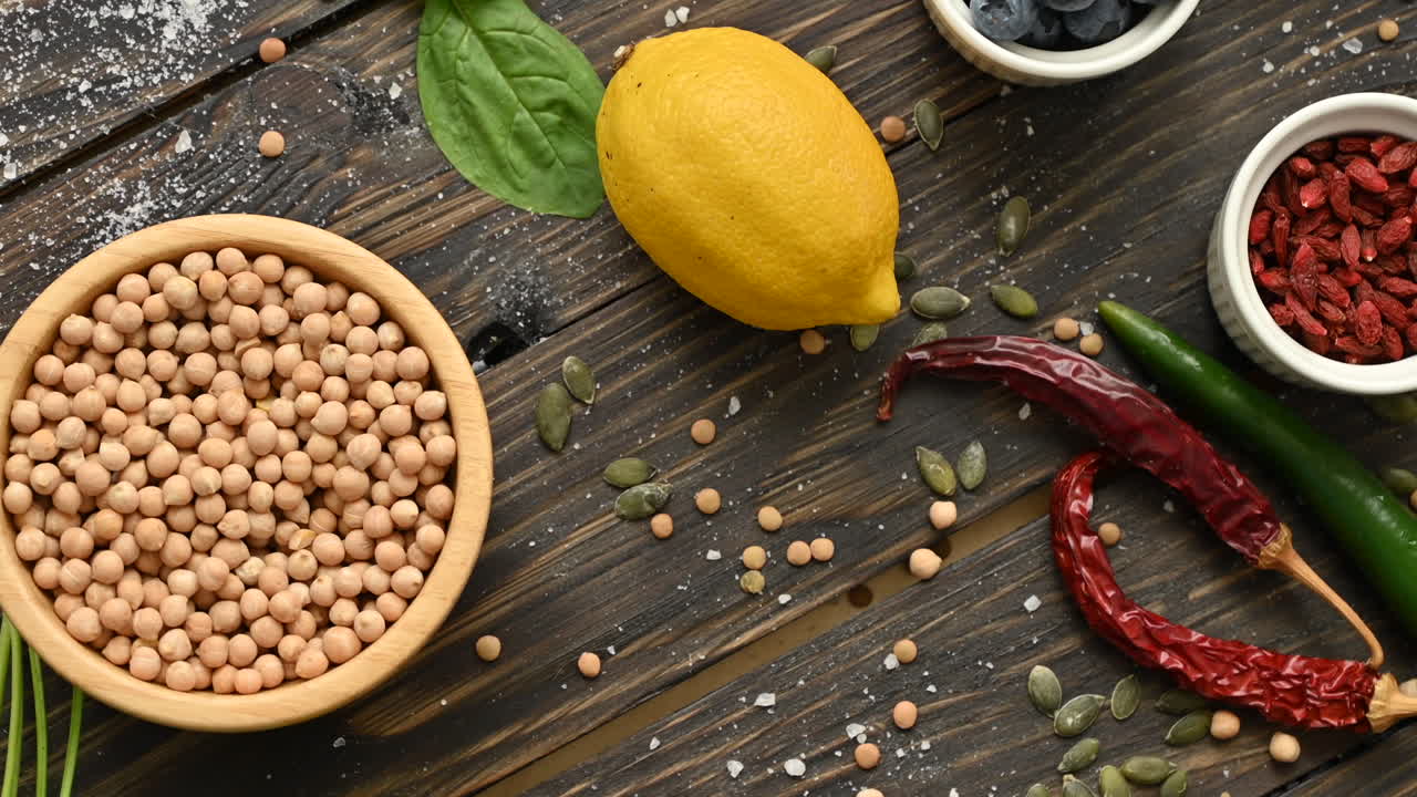 Different types of fruits, vegetables and beans on a wooden surface