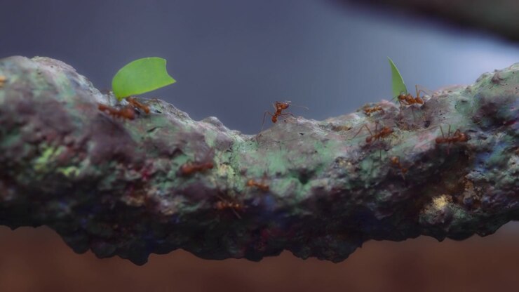 Colonia di formiche tagliafoglie che trasportano foglie lungo un ramo.