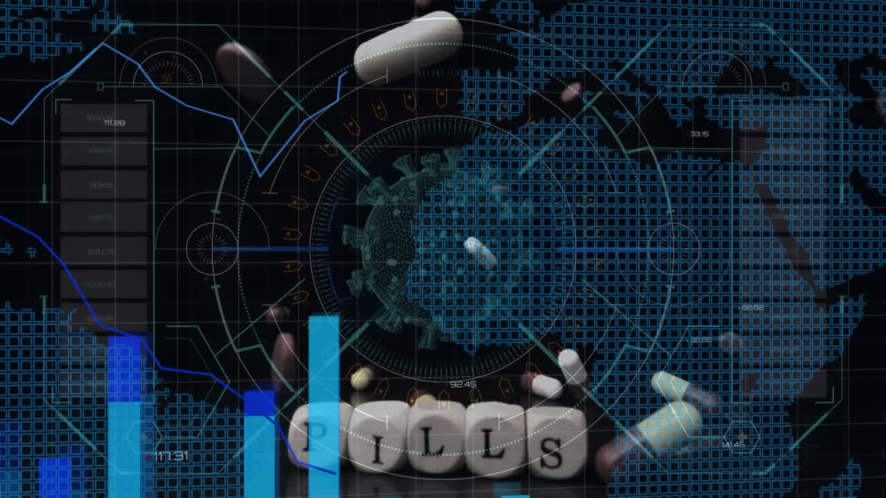 떠다니는 거대 코로나19 세포의 애니메이션, 세계 지도와 떨어지는 알약 위의 다이어그램