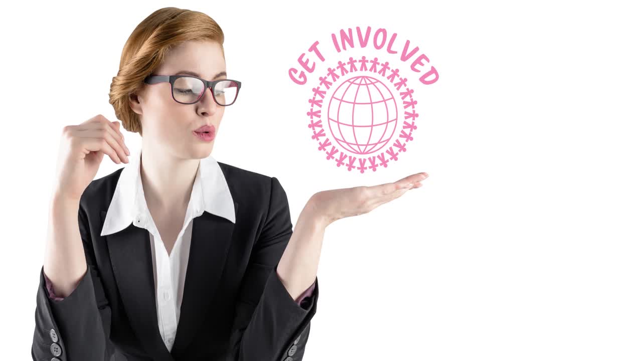 Animation of pink globe logo with get involved text over young woman