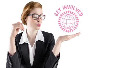 Animation-of-pink-globe-logo-with-get-involved-text-over-young-woman