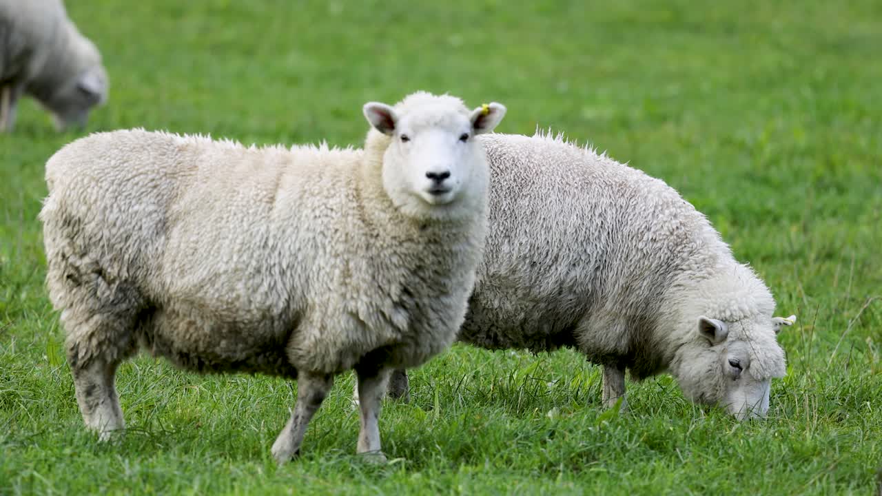 Two Romney sheep graze peacefully in a lush green field under natural daylight in Glenorchy, New Zealand